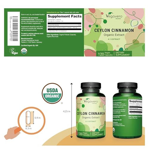 Vegavero - Canela Ceylon Orgânica | 2000mg | Certificado pelo USDA | Sem Aditivos Artificiais | Suprimento de 4 Meses | Testado em Laboratório, Não-OGM | 120 Cápsulas | Vegano