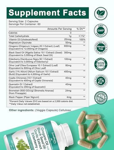 GREENPEOPLE - Óleo de Orégano Cápsulas Orgânicas 12.000 mg com Óleo de Semente Negra Alho Sabugueiro – 120 Unidades Veganas – Suporte Imunológico e Digestivo