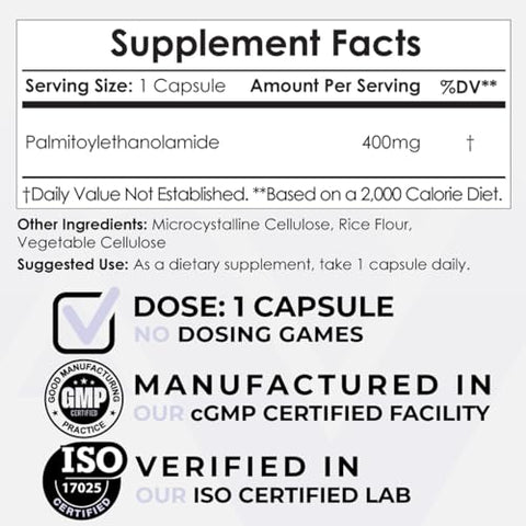 Cápsulas de Palmitoiletanolamida | PEA | 400mg | 60 Unidades | Suporte ao Controle da Dor | Estimula Respostas Inflamatórias Saudáveis - Nootropics Depot