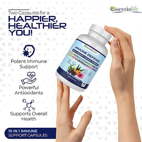 Essentialife - Suplemento 10 em 1 para Suporte Imunológico: Sabugueiro, Equinácea, Vitamina D, Vitamina C 1000mg