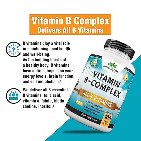 NaturaLife Labs A Higher Standard - Complexo de Vitaminas B com Vitamina C e Ácido Fólico – B12, B1, B2, B3, Ácido Pantotênico Vitamina B5, B6, B7, B9 – Suporte ao Sistema Nervoso 100 Cápsulas Vegetarianas