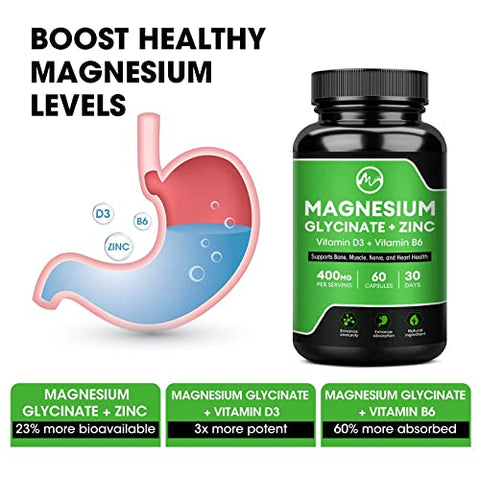 M inch - (2 Pacotes) Cápsulas de Magnésio Glicinato, Suplemento de Magnésio 400 mg com Zinco e Vitamina D3