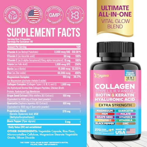 Colágeno em Cápsulas Peptídeos Tipos I, II, III, V – 100g - Zoyava
