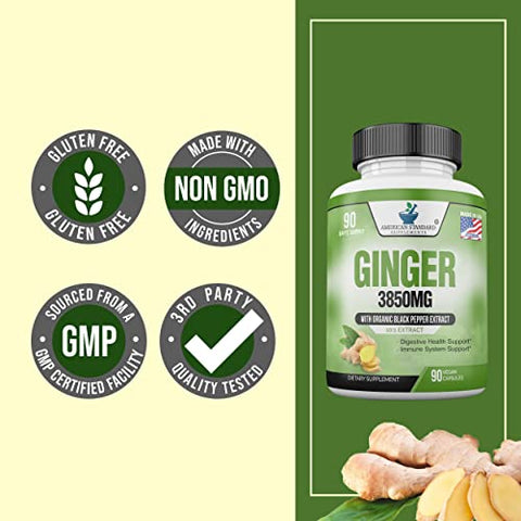 Gengibre Orgânico 3850mg por Porção com Extrato de Pimenta Preta Orgânica, Vegano, Sem Glúten, Não-OGM, 90 Cápsulas, 90 Porções - American Standard Supplements