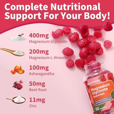 IRIDESICENT - Magnesium Glycinate Gummies 400mg – Suplemento de Magnésio Vegano, Sem Açúcar, com Magnésio L-Treonato 200mg, Ashwagandha e Zinco – 120 Unidades de Sabor Cereja