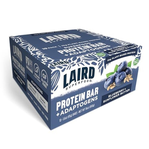 Barras de Proteína Funcional, Barra de Proteína Melhorada com Ingredientes Reais, Cogumelos Funcionais 10g de Proteína Vegetal, 6g de Fibra, Manteiga de Girassol e Mirtilo, 10g - Laird Superfood