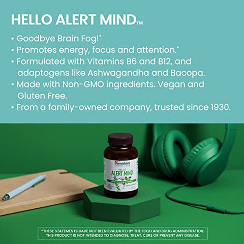 Hello Alert Mind com Ashwagandha, Bacopa, L-Theanine, Vitamina B6 – Fórmula Energizante para Mente – 60 cápsulas - Himalaya