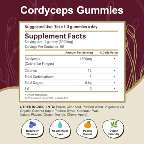 Belmonia - Gummies de Cogumelo Cordyceps | 5400mg por Porção | Cereja, Uva, Maçã, Laranja | 60 Gummies de Pectina | Estimulante Natural de Energia e Resistência | Suplemento Vegano | Fabricado nos EUA
