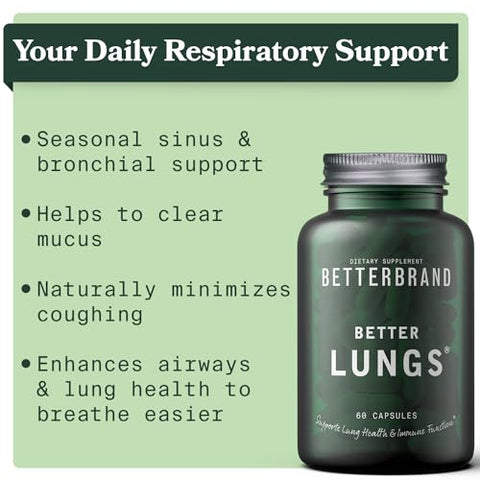 BetterLungs | Suplemento Diário para Saúde Respiratória (60 Cápsulas) | com Vitamina D, Sabugueiro, Ginseng, Verbascum e Cogumelo Reishi | para Saúde Pulmonar e Alergias | - Betterbrand
