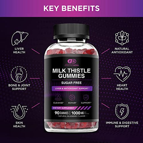 EFFECTIVE NUTRA - Milk Thistle Gummies – Extrato de Cardo Mariano 1000mg, Desintoxicação do Fígado e Suporte Antioxidante (90ct)