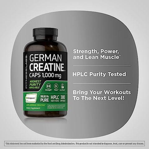 Cápsulas de Creatina Alemã 1000mg | 300 Unidades | Suplemento Fitness Monohidratado | Livre de Transgênicos, Sem Glúten - Fitness Labs