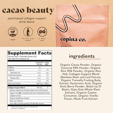 Copina Co. - Cacao Beauty Vegan Collagen Booster Drink Blend: Suporte de Colágeno Vegano à Base de Plantas | Smoothie Cremoso de Sabor Cacau | 1 Pacote – 25 Porções por Pacote