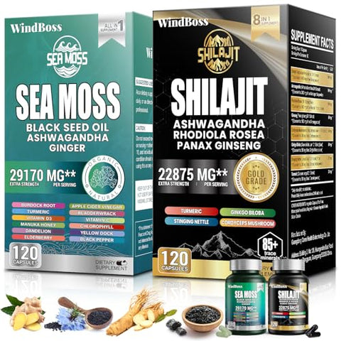 Pacote Sea Moss e Shilajit – 120 Unidades – Seamoss 7000mg, Óleo de Semente Preta 4000mg, Ashwagandha 2000mg, Gengibre – 100% Natural e Potente - WindBoss