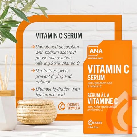 All Natural Advice - Soro de Vitamina C para o Rosto, 60ml / 2oz com 20%% de Vitamina C, Ácido Hialurônico, Aloe, MSM, Vitamina E |