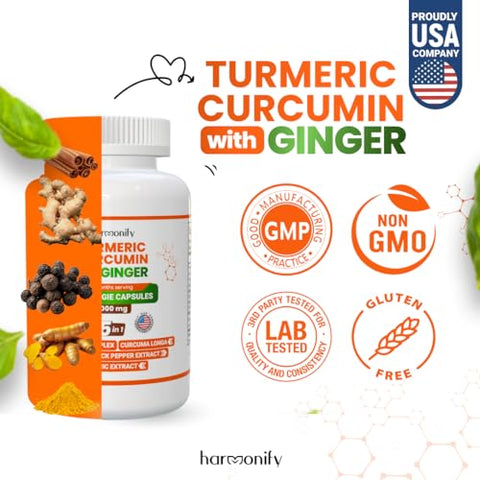 HARMONIFY - Suplemento de Curcuma Longa com Gengibre, Canela do Ceilão e Pimenta Preta 5 em 1, Suporte Articular de Absorção Máxima, 1000 mg, 120 Cápsulas de Extrato Herbal