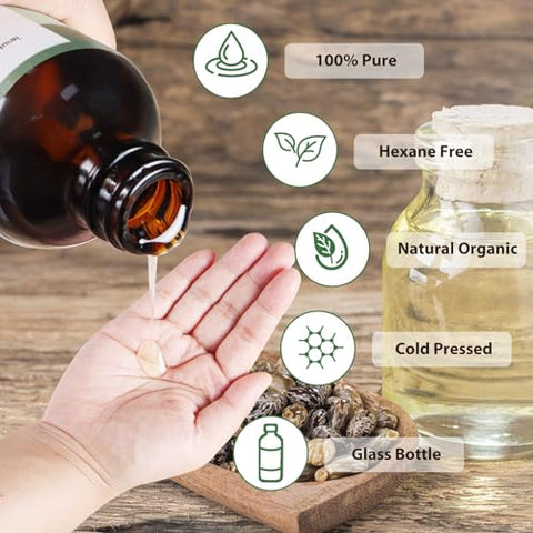 MMPANG - Óleo de Rícino Puro 100%% Extraído a Frio Certificado Orgânico USDA Frasco de Vidro Livre de Hexano para Estimular o Crescimento Capilar, Hidratar a Pele do Corpo