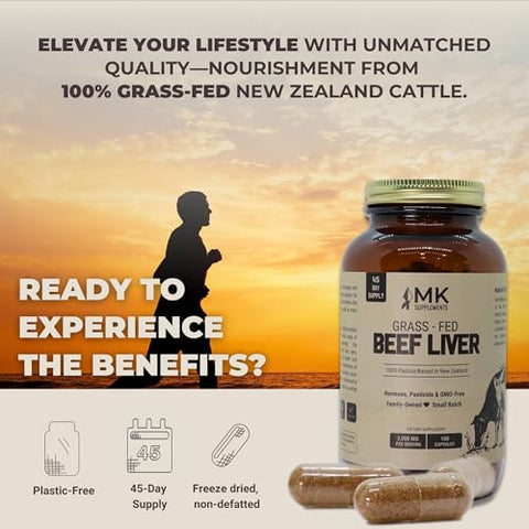 Fígado Bovino 3000 mg, Cápsulas de Fígado Bovino Liofilizado, 100%% Criados em Pasto na Nova Zelândia, 180 Cápsulas de Fígado, Suprimento de 45 Dias - MK Supplements