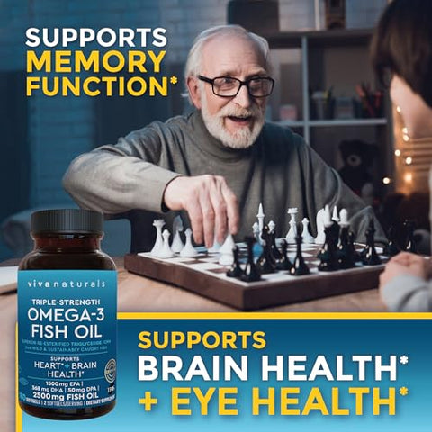Viva Naturals - Omega 3 Fish Oil – 2500 mg Triplo Forte com Ácidos Graxos Ômega 3 Re-Esterificados, EPA, DHA, DPA – 180 Cápsulas Softgel Amigáveis aos Pescetarianos