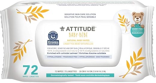 Lenços Umedecidos Naturais para Bebês Sensíveis de Aveia, Hipoalergênicos, Veganos e Livres de Crueldade, Sem Perfume, 72 Lenços - ATTITUDE