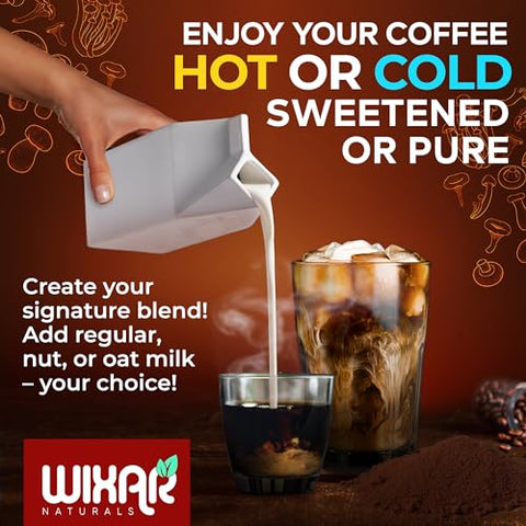 WIXAR NATURALS - Café de Cogumelo Wixar – Pó Instantâneo de Café com Extrato de Dez Tesouros de Cogumelos com Leão da Montanha, Cauda de Peru, Reishi, Chaga, Shiitake, Maitake, Cordyceps – 140g