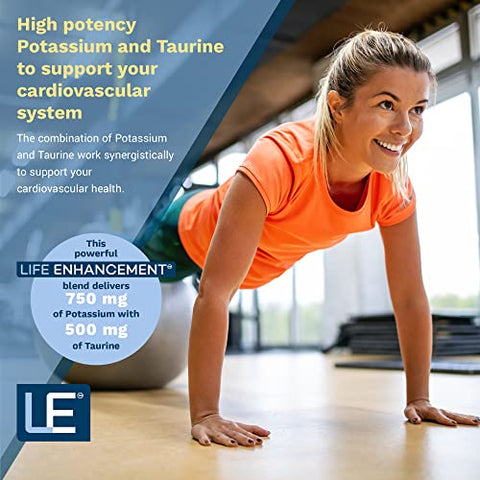 Life Enhancement - Suplemento de Potássio Cardio Natural – 750 mg de Potássio / 500 mg de Taurina por Porção – 120 Cápsulas de Potássio