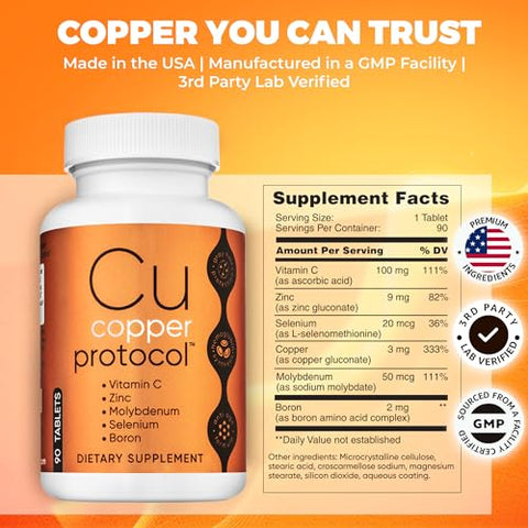 Copper Protocol - Suplemento Mineral em Tabletes com Cobre, Zinco, Vitamina C, Selênio, Boro e Molibdênio – 90 Tabletes/Frasco