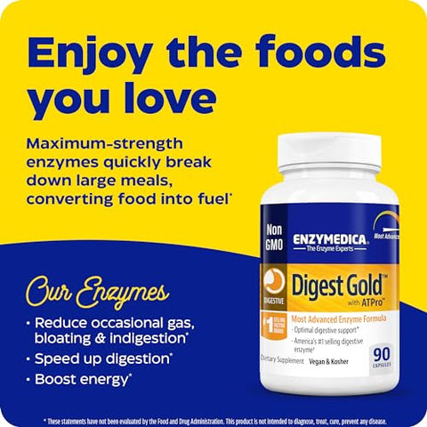 Digest Gold ATPro – Máxima Força, Ação Rápida, Auxilia na Digestão de Refeições Grandes, Previne Inchaço e Gases, 90 Cápsulas - Enzymedica