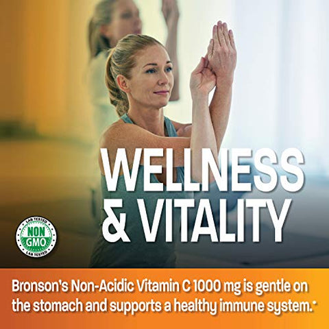 Bronson - Vitamina C Não Ácida Ascorbato de Sódio 1000 Mg – Comprimidos Suaves para o Estômago – Reforço do Sistema Imunológico – Poderoso Antioxidante – Suplemento de Vitamina C Não OGM, 250 Unidades