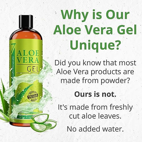 Seven Minerals - Gel de Aloe Vera Orgânico 100% Puro – 12oz (355ml) – Alta Qualidade, Cultivado no Texas, Vegano, Sem Fragrância – Para Rosto, Pele, Cabelo, Alívio de Queimaduras Solares