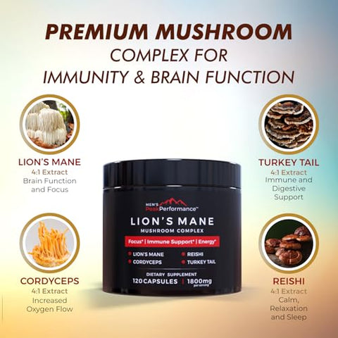 MEN'S PeakPerformance - Cápsulas de Suplemento de Cogumelo do Leão PeakPerformance para Homens com Reishi, Cordyceps, Turkey Tail – Nootrópico Cerebral para Memória, Foco, Energia Natural – 60 cápsulas