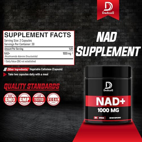 DEDICAD - Suplemento NAD 1000 mg – Puro NAD para Energia, Reparo de DNA, Defesa contra o Envelhecimento e Função Cerebral – 60 Cápsulas