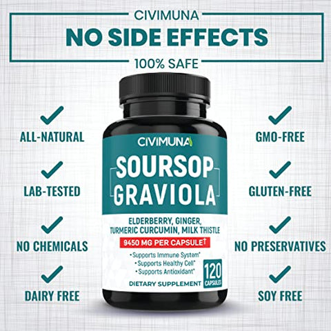 CIVIMUNA - Cápsulas de Extrato de Graviola Soursop | 9450mg | 120 Cápsulas – 4 Meses de Suprimento | Graviola, Sabugueiro e Curcumina de Cúrcuma