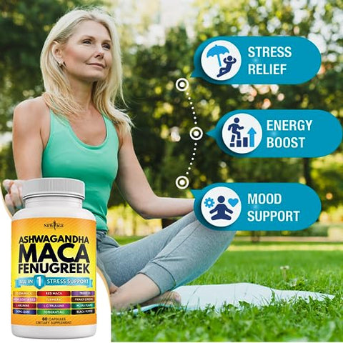 Suplemento NEW AGE Ashwagandha 5000mg Maca Root 5000mg Fenugreek 3000mg com Tongkat Ali Ginseng – Melhora o Humor Geral – Fabricado nos EUA – 120 Comprimidos