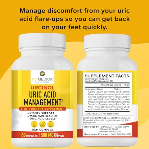 PurMEDICA - Urcinol – Suplemento de Ácido Úrico para Suporte Articular – 60ct (Pacote com 3) – Fórmula de Suporte ao Ácido Úrico com Raiz de Cúrcuma, Açaí, Folha de Banaba, Semente de Aipo, Haste de Yucca