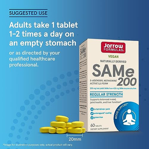 SAMe 200 mg: Suporte para Articulações, Função Hepática e Metabolismo Cerebral – 60 Comprimidos (Até 60 Dias de Suprimento) - Jarrow Formulas