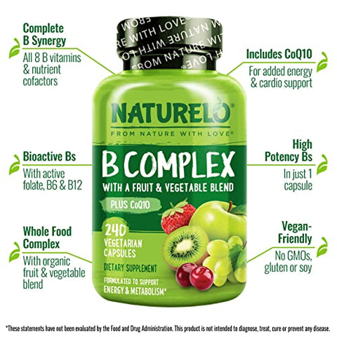 B Complex – Complexo de Alimentos Integrais com Vitamina B6, Folate, B12, Biotina – Energia e Redução do Estresse – Alta Potência – Vegano – Vegetariano – Não Transgênico – Sem Glúten – 240g - NATURELO
