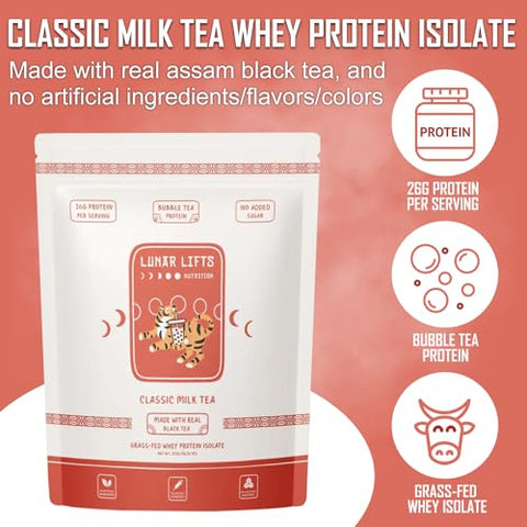 Lunar Lifts Nutrition - Pó de Proteína de Chá com Leite Clássico Boba | Isolado de Proteína Whey | 26g Proteína Whey de Pasto | Sem Açúcar Adicionado ou Ingredientes Artificiais | Pó de Proteína para Bubble Tea