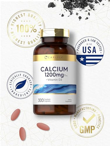 Calcium 1200mg com Vitamina D3 | 300 Cápsulas | Sem GMO, Sem Glúten e Vegetariano - Carlyle