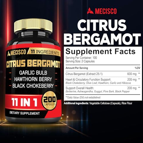 Mecisco - Suplemento Citrus Bergamota 11 em 1 1000mg com Folha de Oliveira, Espinheiro Branco, Guggul, Alho e Mais – Suporte à Imunidade e Sistema Circulatório