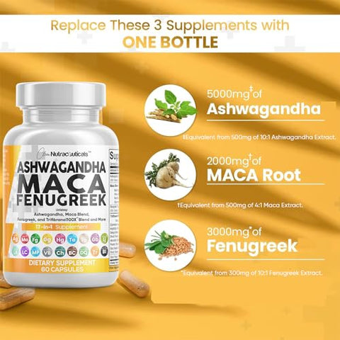 Clean Nutraceuticals - Ashwagandha 5000mg Maca Root 2000mg Fenugreek 3000mg – Tongkat Ali Ginseng – Auxilia no Estresse e Humor – 100% Natural