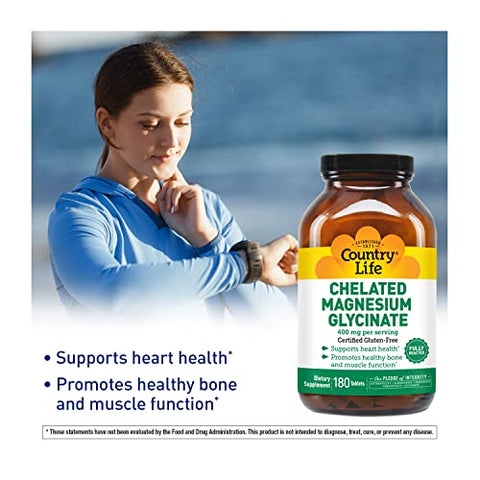 Magnésio Glicinato Quelato 400mg, 180 Comprimidos, Certificado Livre de Glúten, Certificado Vegano, Certificado Halal, Não-OGM Verificado - Country Life