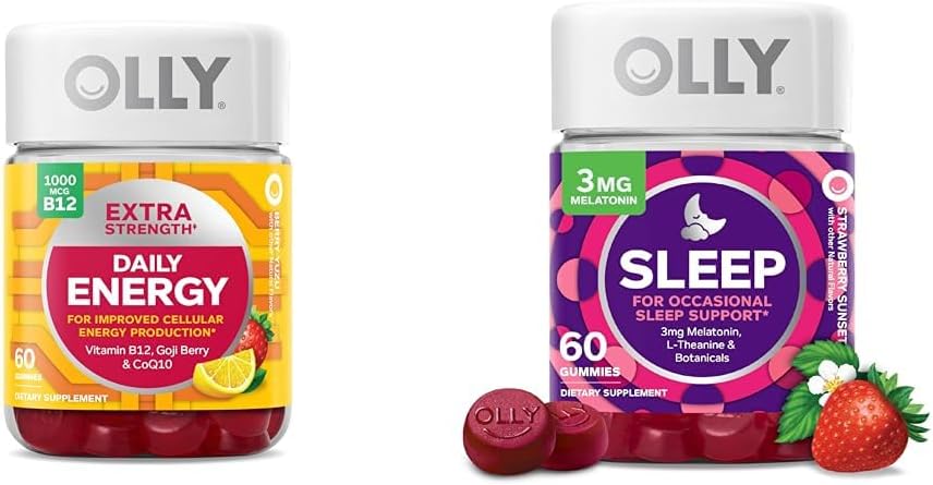 Gomas Energéticas Diárias de Vitamina B12 Extra Forte 1000mcg, 60 Unidades + Gomas para Dormir com Melatonina 3mg, 60 Unidades – Pacote Promocional - OLLY