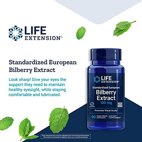 Extrato Padronizado de Mirtilo Europeu 100 mg – Suplemento de Vaccinium Myrtillus para Suporte à Saúde Ocular – Sem Glúten, Não-OGM, Vegetariano – 90 Cápsulas - Life Extension