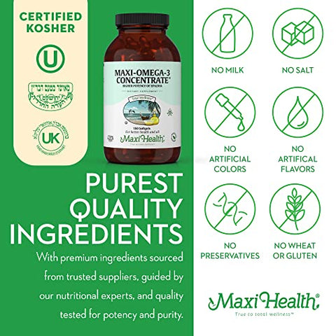 Maxi Health - Omega 3 Concentrado de Óleo de Peixe – Fonte Potente de Ácidos Graxos EPA/DHA – Saúde do Coração e Cérebro – 100% Natural