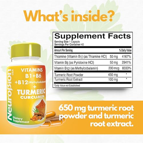 Curcumin 650 mg Herbal Supplement – Antioxidant Support, High Absorption Ultra Potent Turmeric – Multivitamins Complex with B12, 40 Capsules - Neurobion