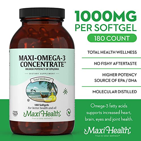 Maxi Health - Omega 3 Concentrado de Óleo de Peixe – Fonte Potente de Ácidos Graxos EPA/DHA – Saúde do Coração e Cérebro – 100% Natural