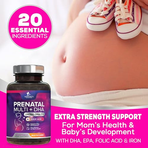 Nature's Nutrition - Multivitamínico Pré-Natal para Mulheres com Ácido Fólico DHA, Suplemento Vitamínico Pré-Natal para Suporte Fetal com Folato, Ômega 3, Vitaminas D3, B6, B12