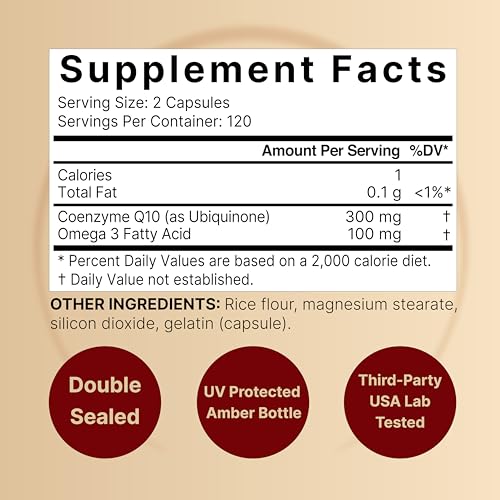 NatureBell - CoQ10 (Ubiquinona) 300mg com Ácidos Graxos Ômega 3, 240 Cápsulas | Fórmula Estável de Alta Absorção – Suporte Antioxidante para o Coração