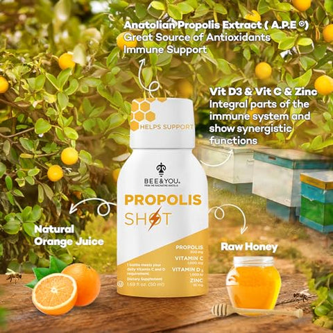 BEE & YOU - BEE and You – Shot de Própolis 100% Natural para Suporte Imunológico, Antioxidantes, Vitamina C, Vit D3, Zinco, Suco de Laranja, Mel Puro, 50 ml x 12 Frascos