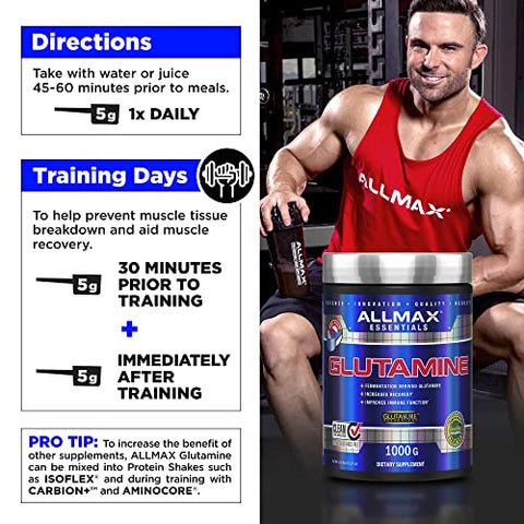 L-Glutamina em Pó, Fórmula de Recuperação Muscular, Sem Glúten, Vegano, 400g - ALLMAX Nutrition